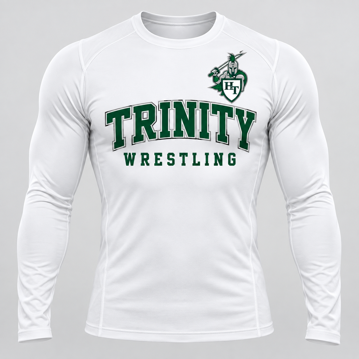 white men’s fitted long sleeve stretch compression training shirt with crew collar, clean athletic seams with Titans wrestling decoration
