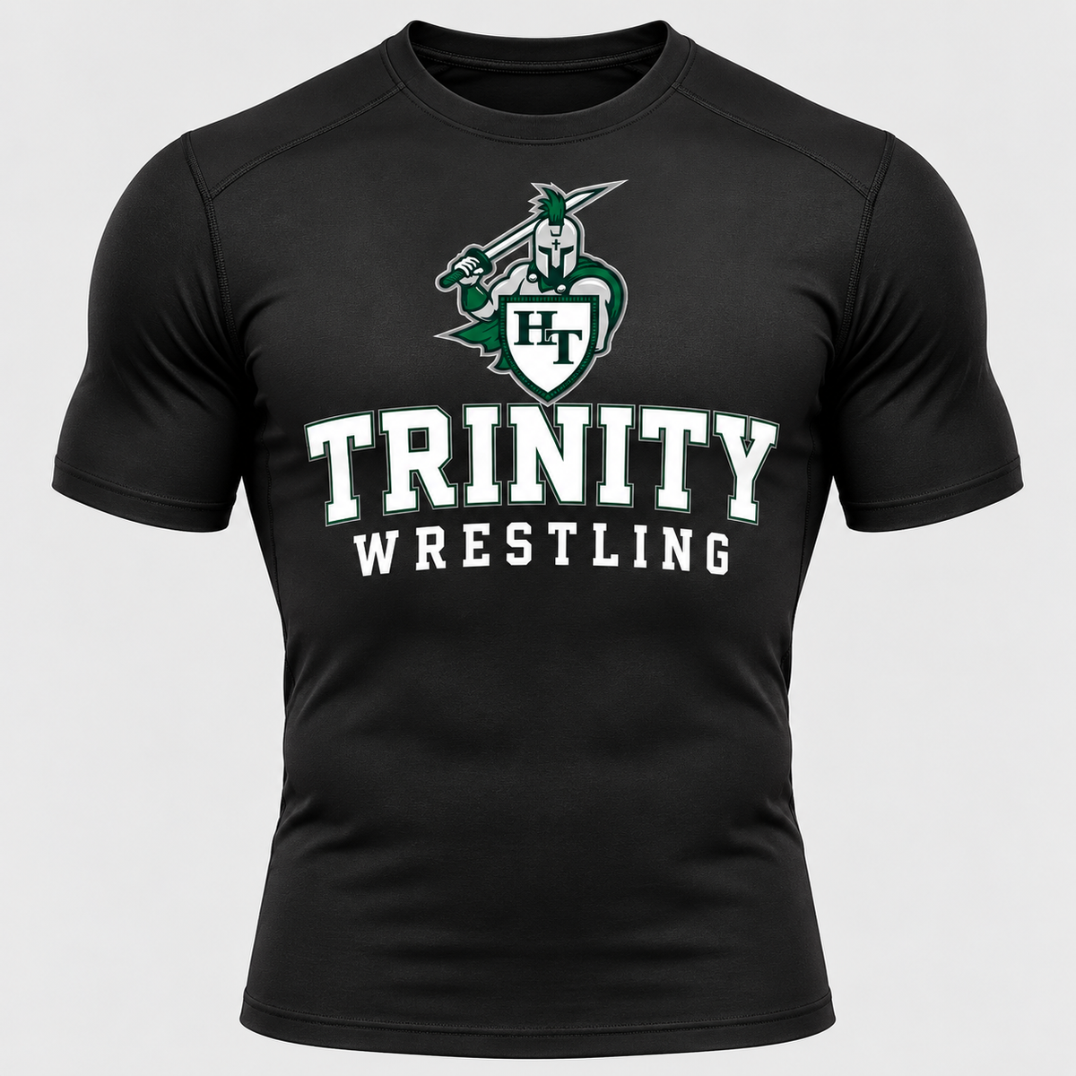 black men’s short sleeve stretch compression training shirt, fitted athletic torso, crew collar, clean realistic seams with Titans wrestling decoration