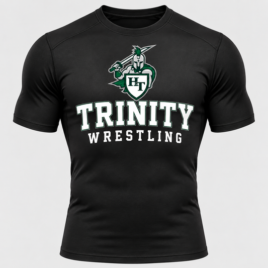 black men’s short sleeve stretch compression training shirt, fitted athletic torso, crew collar, clean realistic seams with Titans wrestling decoration