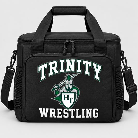 black soft-sided insulated rectangular cooler bag with a full top zipper, webbing carry handles, shoulder strap, flat printable front pocket with Titans wrestling decoration