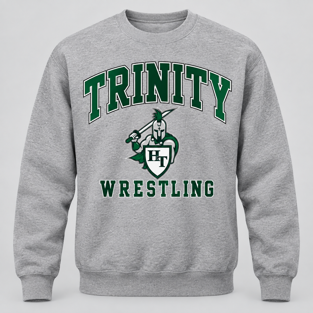 heather gray classic men’s crewneck sweatshirt with Trinity wrestling decoration