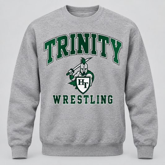 heather gray classic men’s crewneck sweatshirt with Trinity wrestling decoration