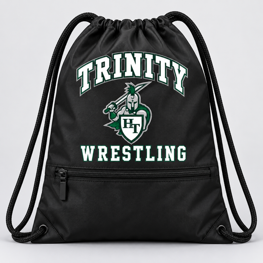 black athletic drawstring cinch sack backpack with thick drawcord straps and a horizontal zippered front pocket with Titans wrestling decoration
