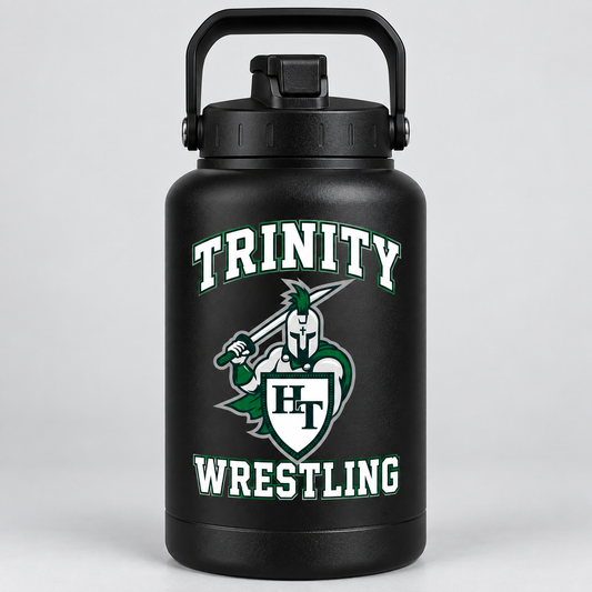 one matte black 64 ounce stainless steel sports water jug with large carry handle and screw cap flip drinking spout with Titans wrestling decoration