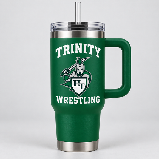 one forest green 40 ounce stainless steel handled tumbler with straw, transparent lid, tapered cup holder base, no manufacturer logos with Titans wrestling decoration