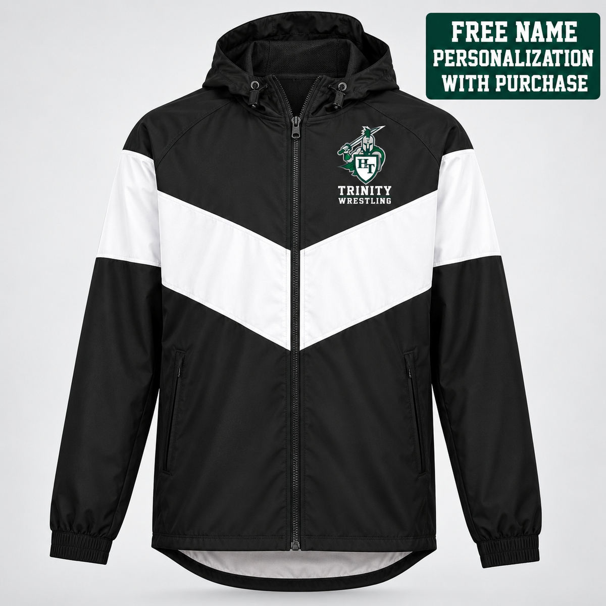 one men's Holloway Potomac 229527 black and white hooded full zip jacket, exact construction of reference 1 including broad white angled chest band, black shoulder yoke, black lower body, white upper sleeve band, black hood with Titans wrestling decoration