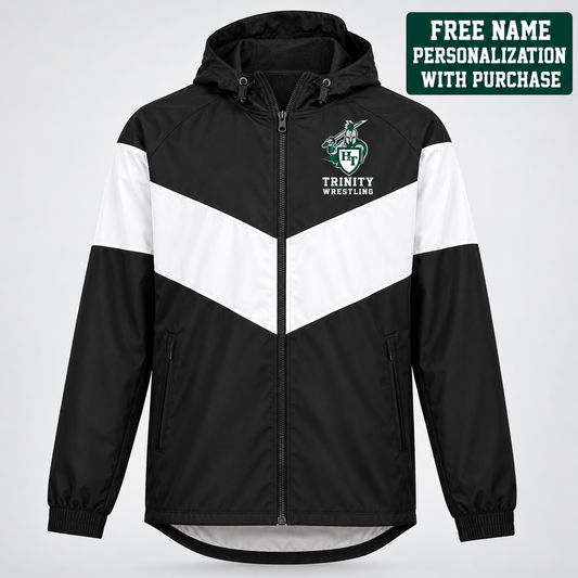 one men's Holloway Potomac 229527 black and white hooded full zip jacket, exact construction of reference 1 including broad white angled chest band, black shoulder yoke, black lower body, white upper sleeve band, black hood with Titans wrestling decoration