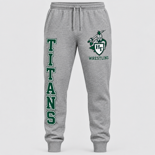 heather gray men’s tapered fleece joggers with cuffs and drawstring waist with Titans wrestling decoration
