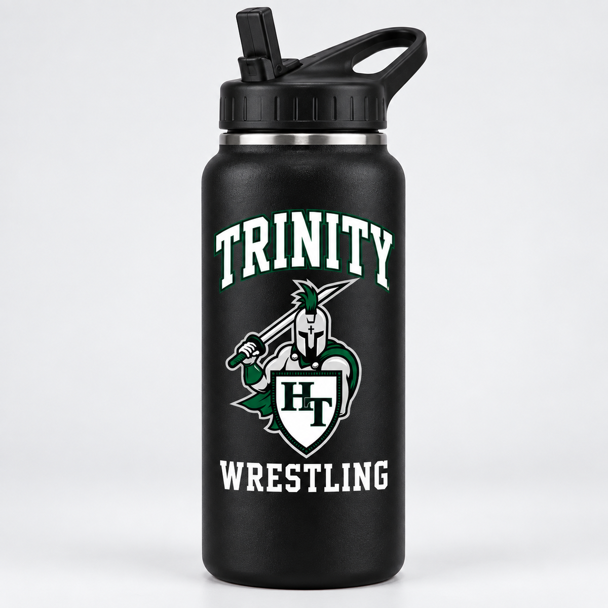 one matte black 32 ounce stainless steel sports water bottle with screw top flip straw lid and carry loop with Titans wrestling decoration