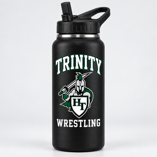 one matte black 32 ounce stainless steel sports water bottle with screw top flip straw lid and carry loop with Titans wrestling decoration