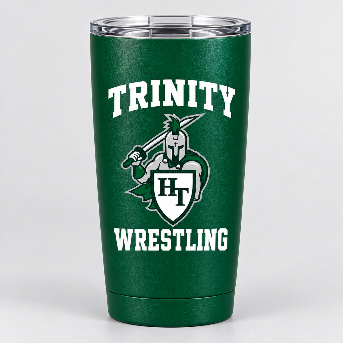 forest green powder coated 20 ounce stainless steel tapered tumbler with clear push on lid with Titans wrestling decoration
