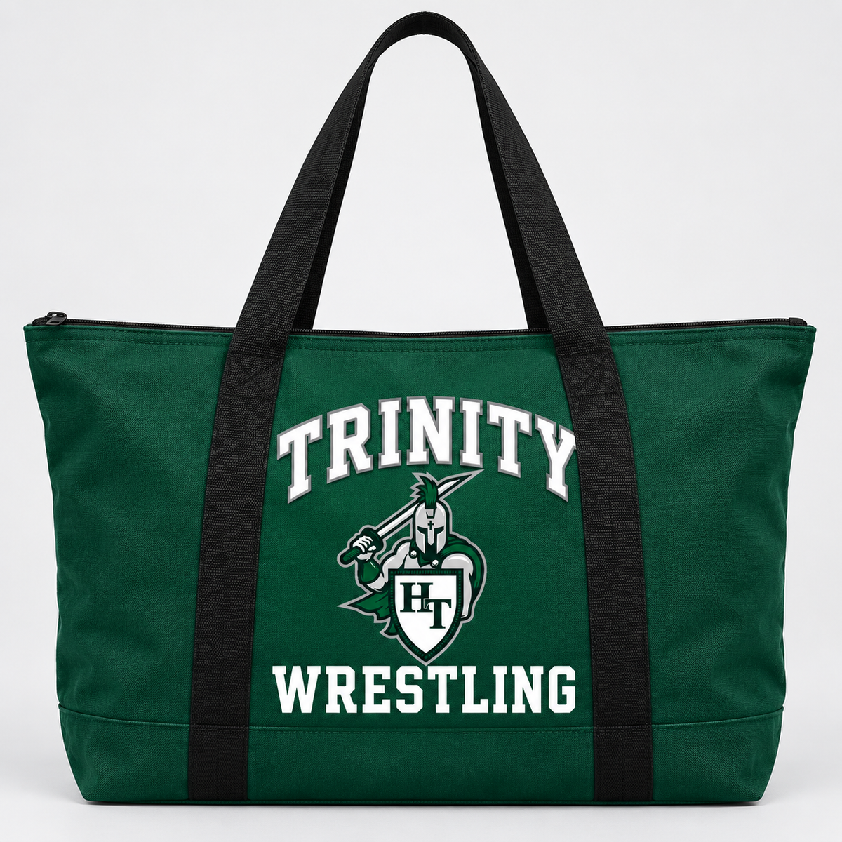 forest green heavy canvas large horizontal tote bag with zippered top and strong long black carry handles with Titans wrestling decoration