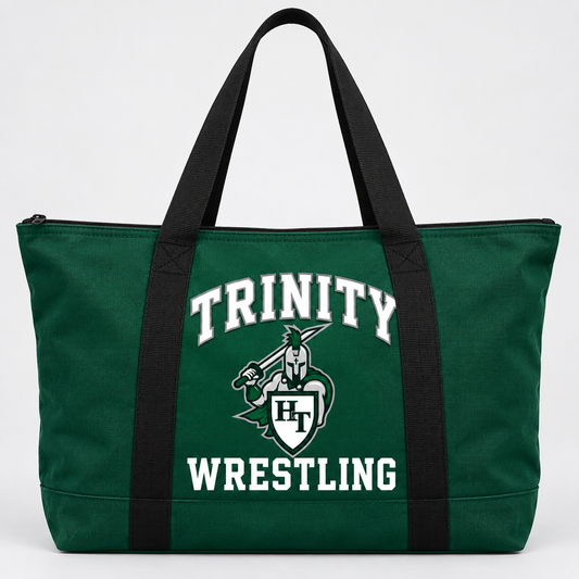 forest green heavy canvas large horizontal tote bag with zippered top and strong long black carry handles with Titans wrestling decoration