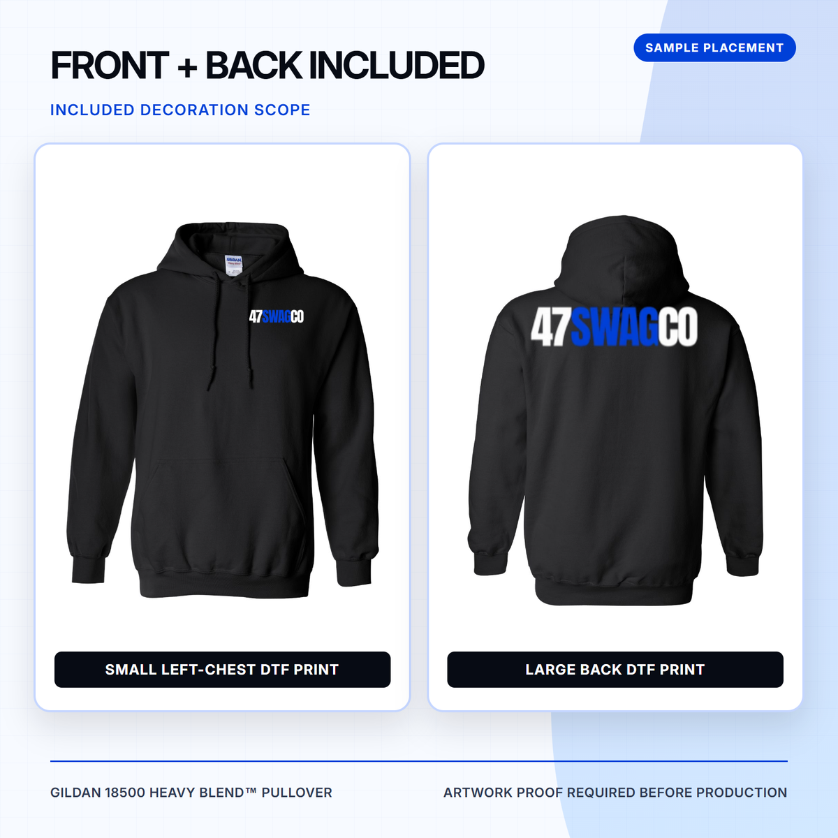 Gildan 18500 hoodie front and back with sample small left-chest and large back DTF print placement