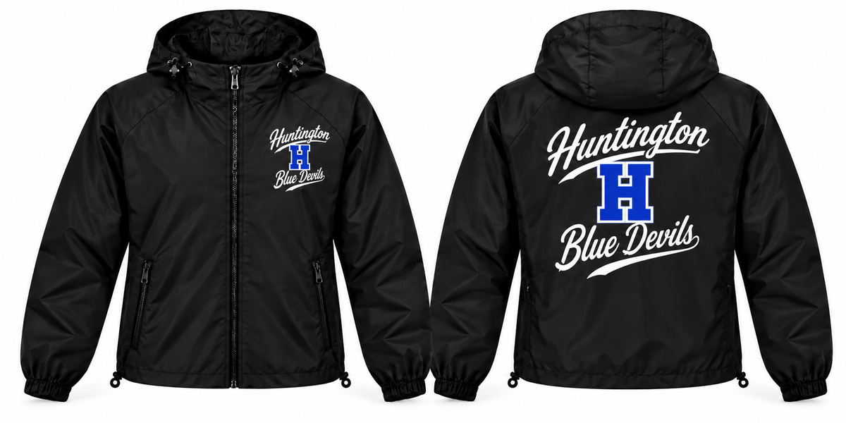 Huntington Blue Devils black full-zip windbreaker front and back