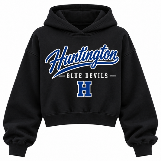 Huntington Blue Devils black cropped hoodie with heritage school script and varsity monogram on front