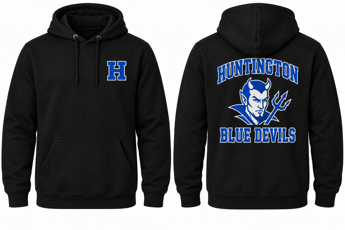 HUNTINGTON BLUE DEVILS black hoodie front and back