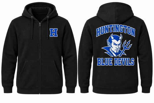 Huntington Varsity Zip-Up Hoodie — Black front and back