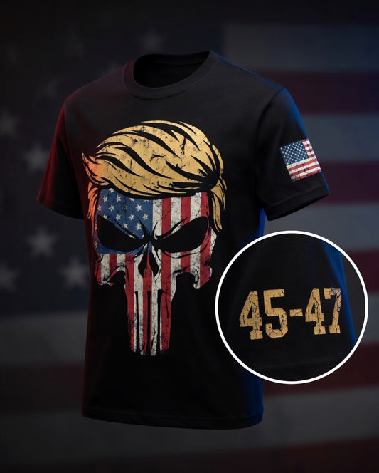 Trump Punisher Skull 45-47 T-Shirt – Patriotic MAGA Streetwear