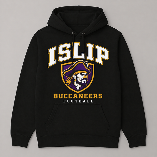 Black Islip Buccaneers football hoodie with original captain crest.