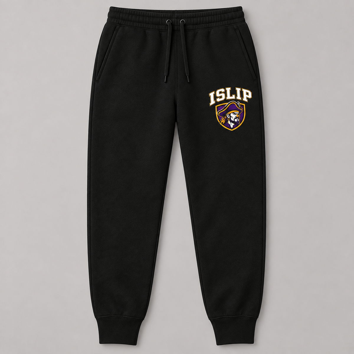 Black adult Islip Buccaneers joggers with a purple, gold and white crest on the left thigh.