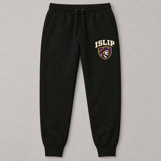Black adult Islip Buccaneers joggers with a purple, gold and white crest on the left thigh.