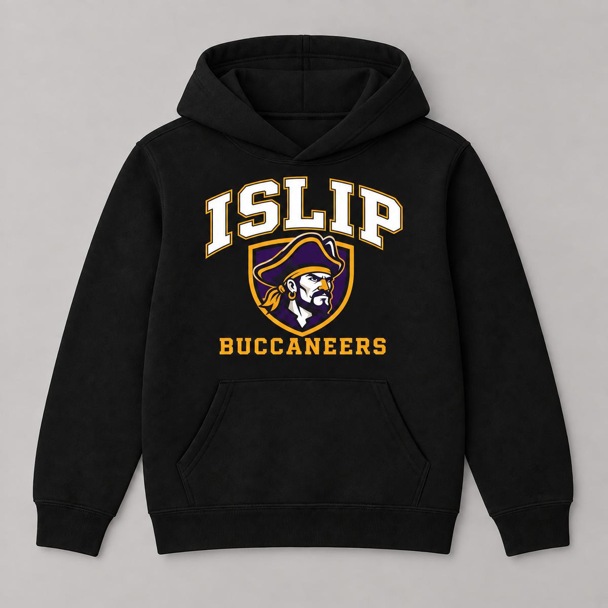 Youth black Islip Buccaneers hoodie with white varsity lettering and a purple and gold captain crest; no drawcord.
