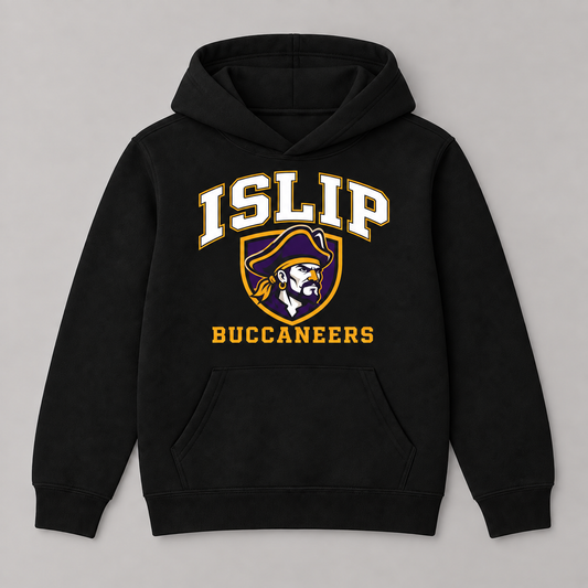 Youth black Islip Buccaneers hoodie with white varsity lettering and a purple and gold captain crest; no drawcord.