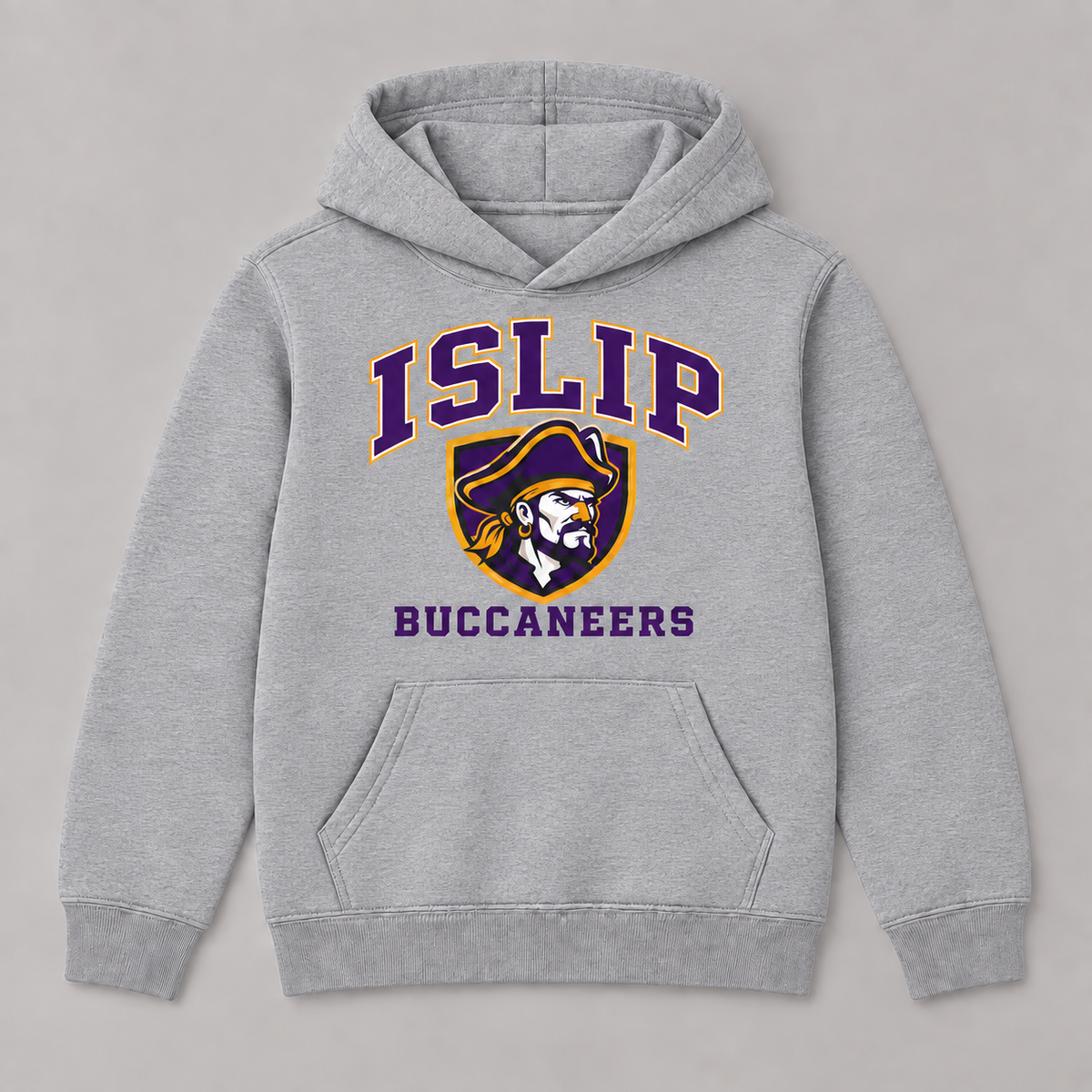 Sport Grey youth Islip Buccaneers hoodie with purple varsity lettering and an original purple and gold captain crest.