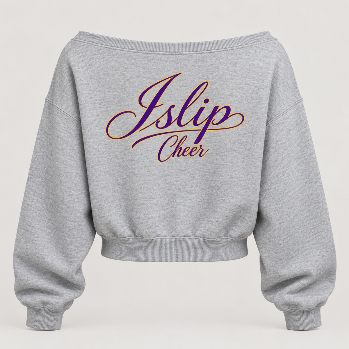 Islip Cheer Women's Heritage I Wide-Neck Sweatshirt back view in Heather Gray