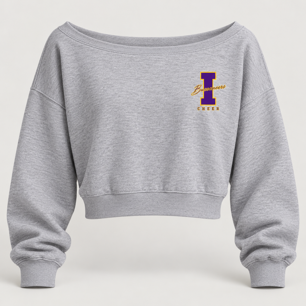 Islip Cheer Women's Heritage I Wide-Neck Sweatshirt front view in Heather Gray