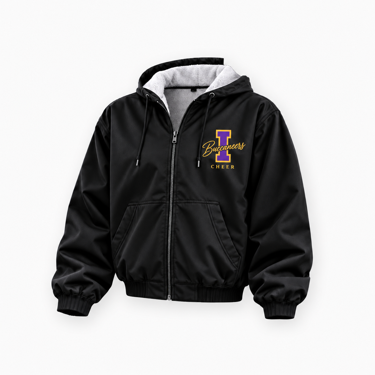 Islip Cheer Megaphone Script black fleece-lined jacket front design mockup