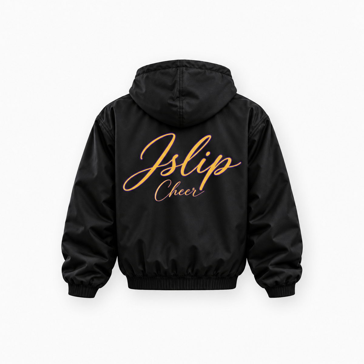 Islip Cheer Signature Script black fleece-lined jacket back design mockup