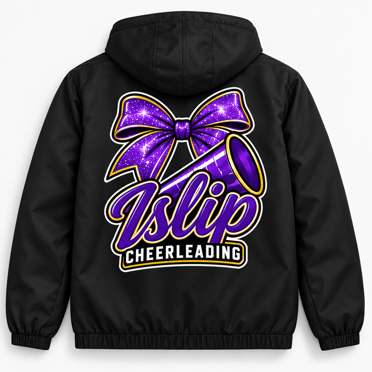 Islip Cheer purple sparkle bow and megaphone jacket back design