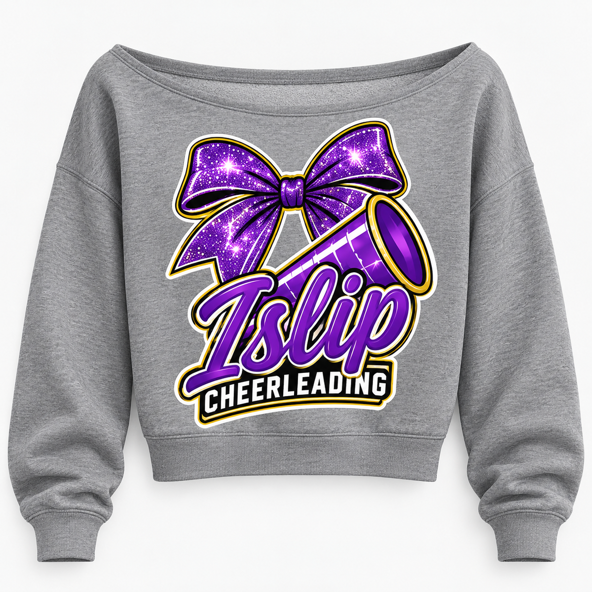 Islip Cheer purple sparkle bow and megaphone wide-neck sweatshirt