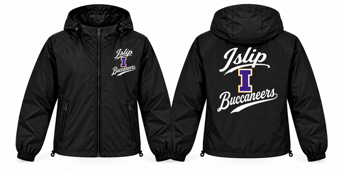 Islip Buccaneers black full-zip windbreaker front and back