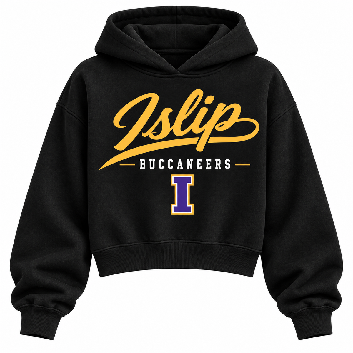 Islip Buccaneers black cropped hoodie with heritage school script and varsity monogram on front