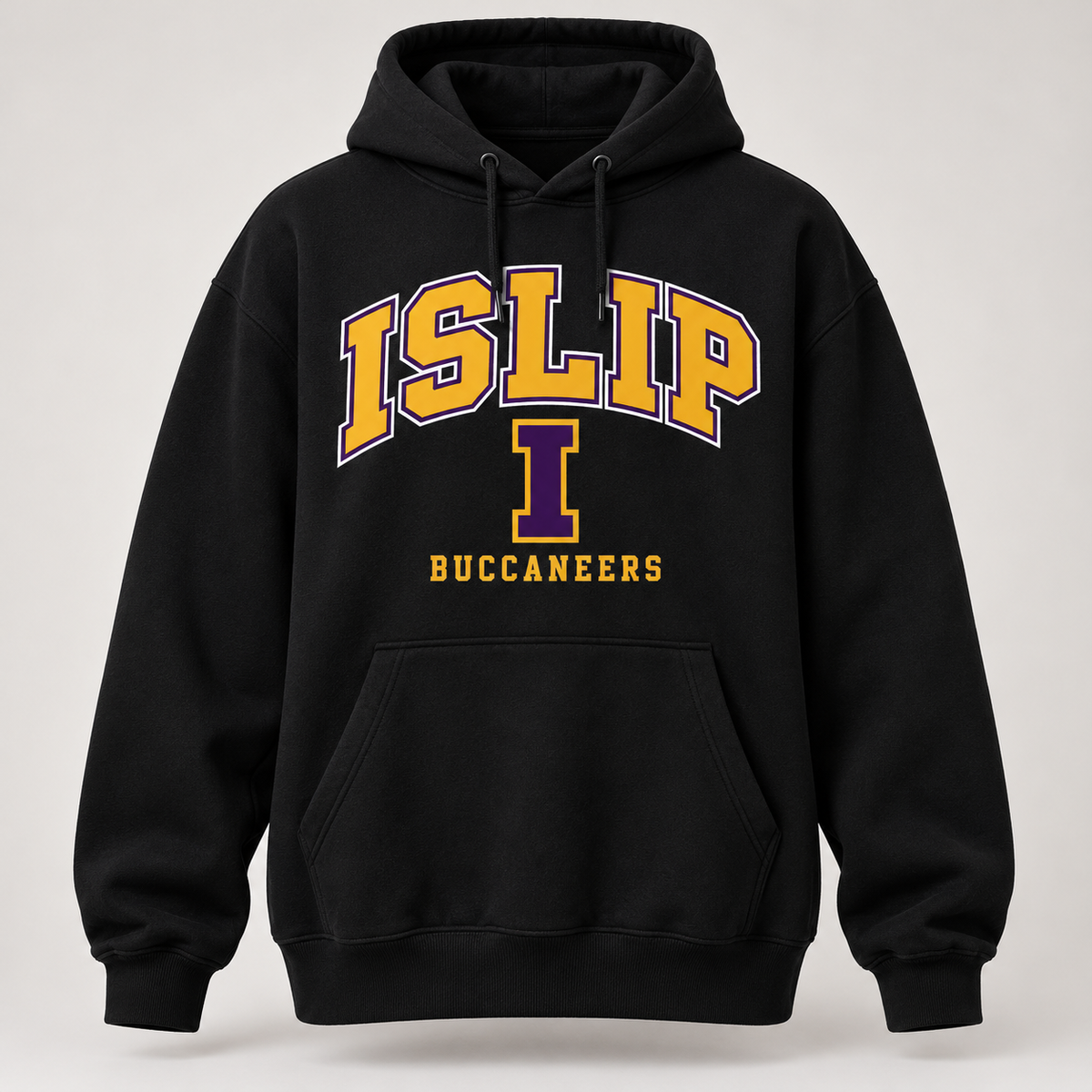 Islip Adult Oversized Varsity Hoodie in Black with purple and gold print