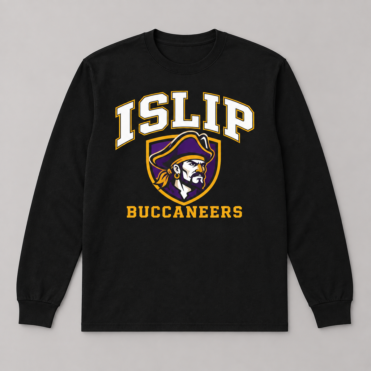 Black Islip Buccaneers Adult Captain Crest Long Sleeve Tee