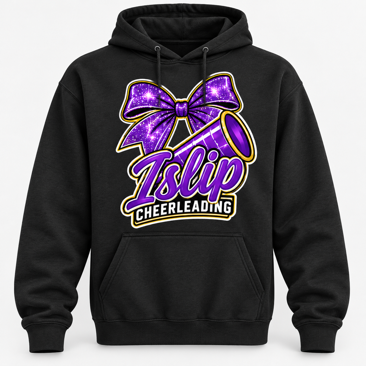 Islip Cheer Purple Sparkle Bow & Megaphone Adult Hoodie front view