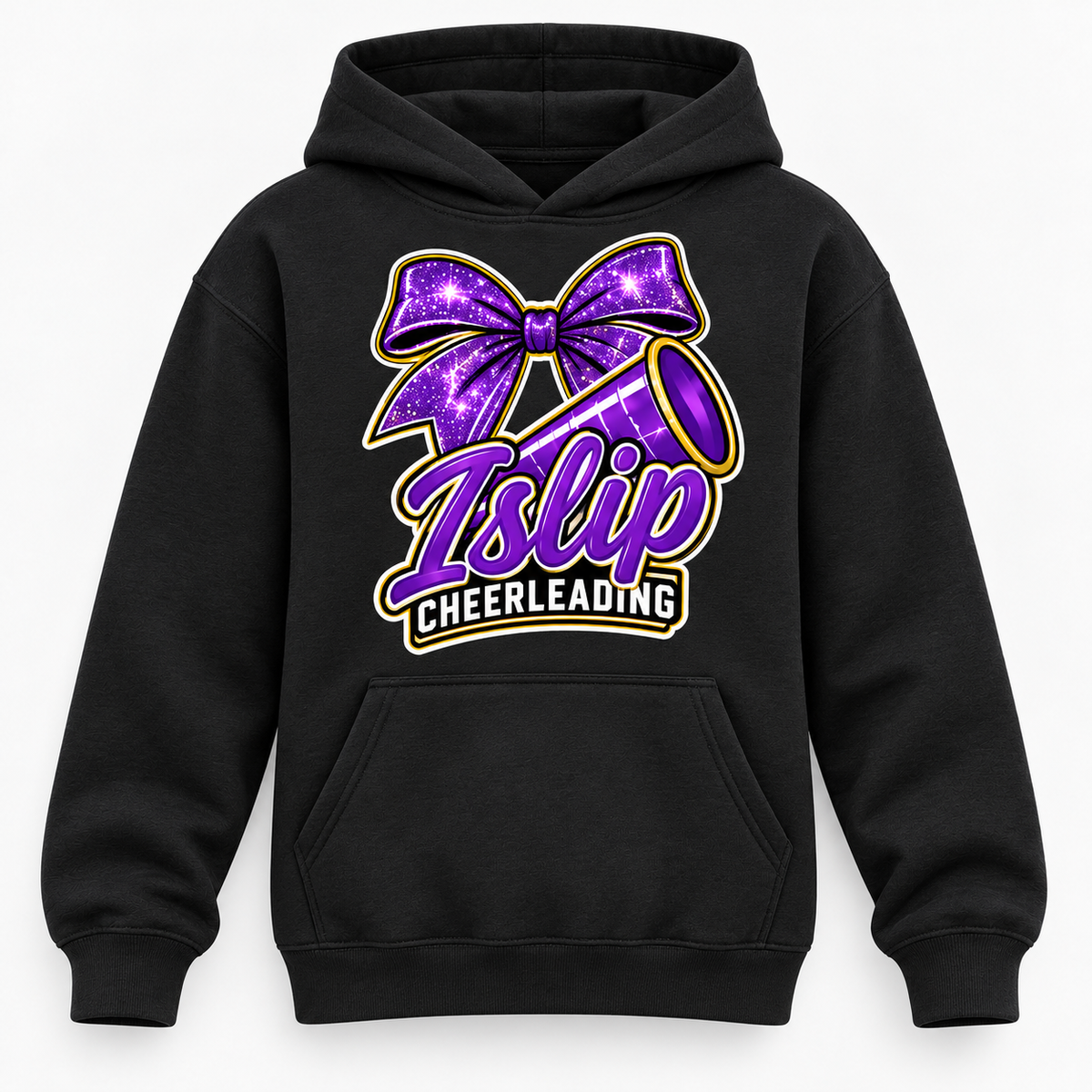 Islip Cheer Purple Sparkle Bow & Megaphone Youth Hoodie front view