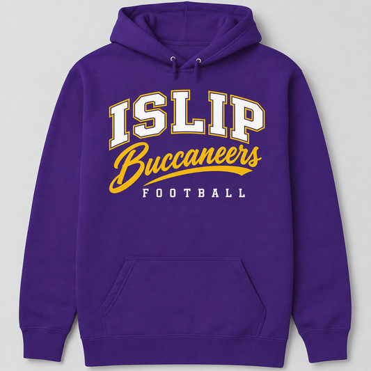 Purple Islip Buccaneers football hoodie with white varsity lettering and gold script.