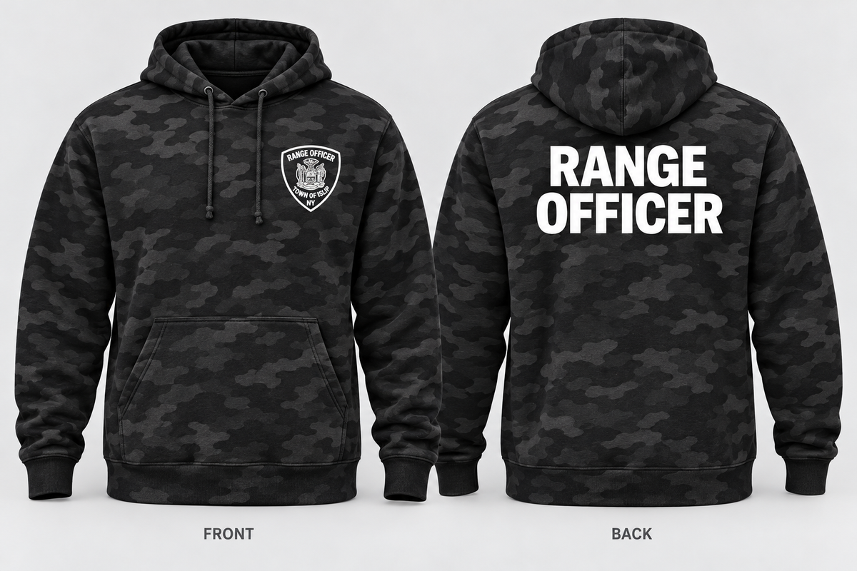 Town of Islip Range Officer Independent Trading Camo Hoodie - Black Camo / white print front and back