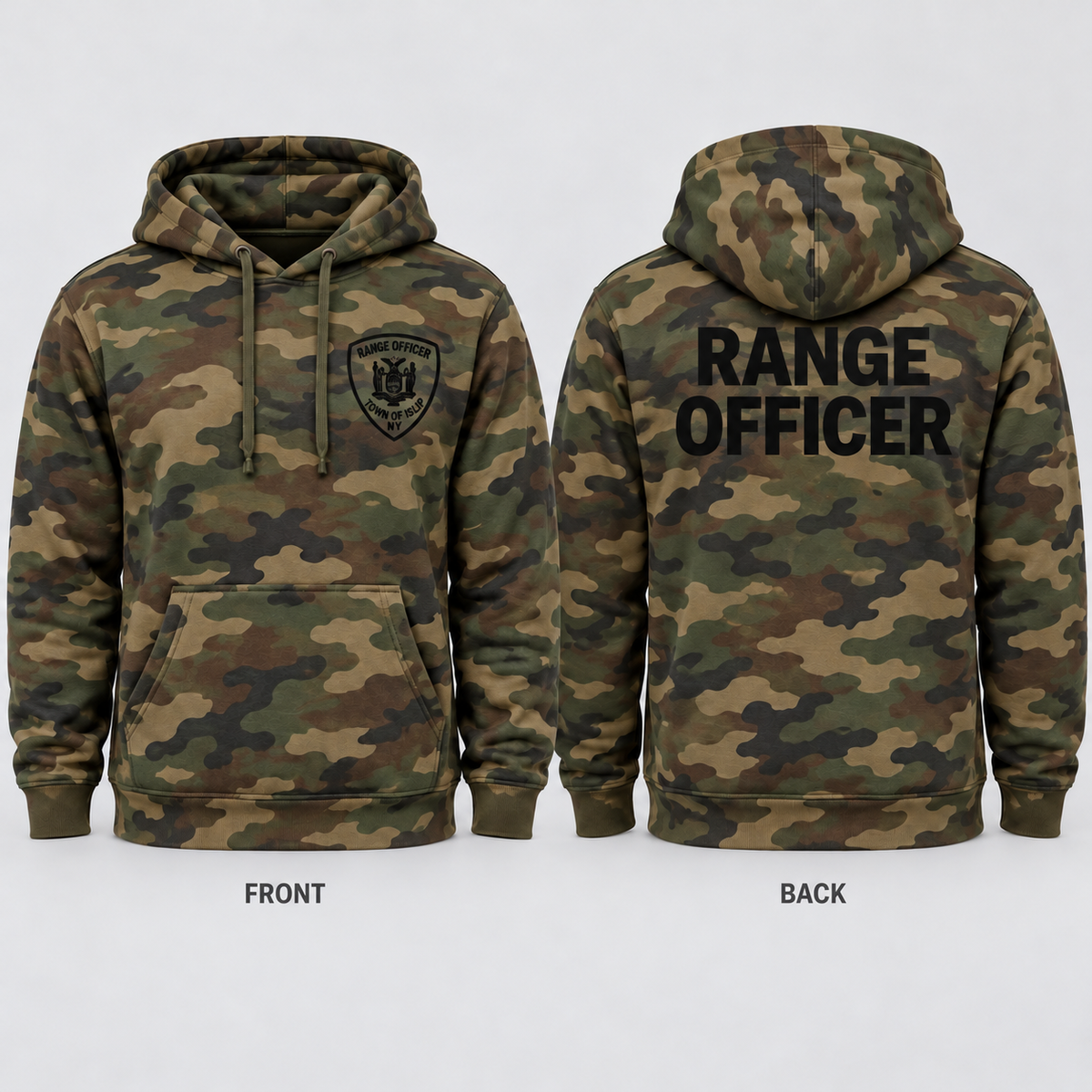 Town of Islip Range Officer Independent Trading Camo Hoodie - Forest Camo / black print front and back