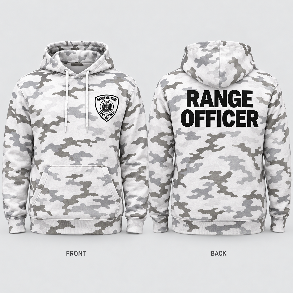 Town of Islip Range Officer Independent Trading Camo Hoodie - Snow Camo / black print front and back