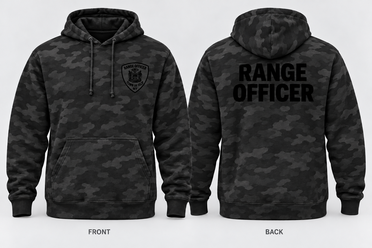 Town of Islip Range Officer Independent Trading Heavyweight Hoodie - Black Camo / black print front and back