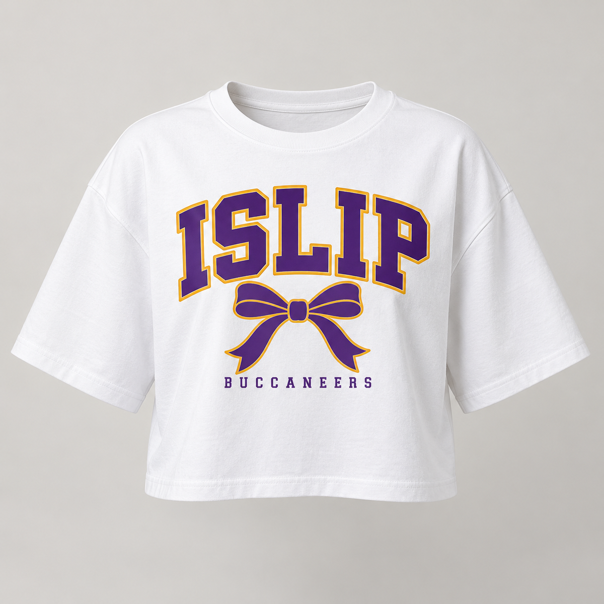 Islip Women's Bow Varsity Boxy Crop Tee in White with purple and gold print