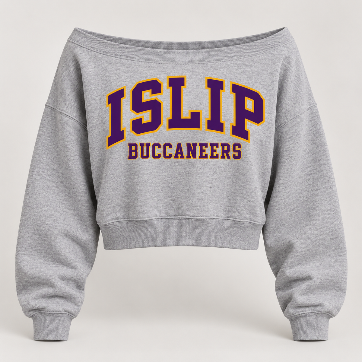 Islip Women's Varsity Wide-Neck Sweatshirt in Heather Gray with purple and gold print