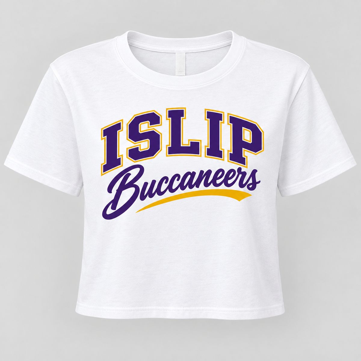 White women's Islip crop tee with purple and gold varsity lettering and Buccaneers script