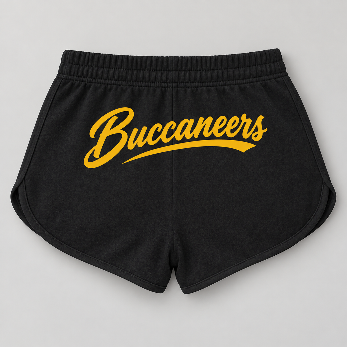 Rear view of black women's cotton shorts with gold Buccaneers script